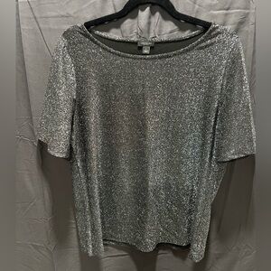 Ann Taylor Factory Metallic Silver Black Tshirt, Blouse Size L